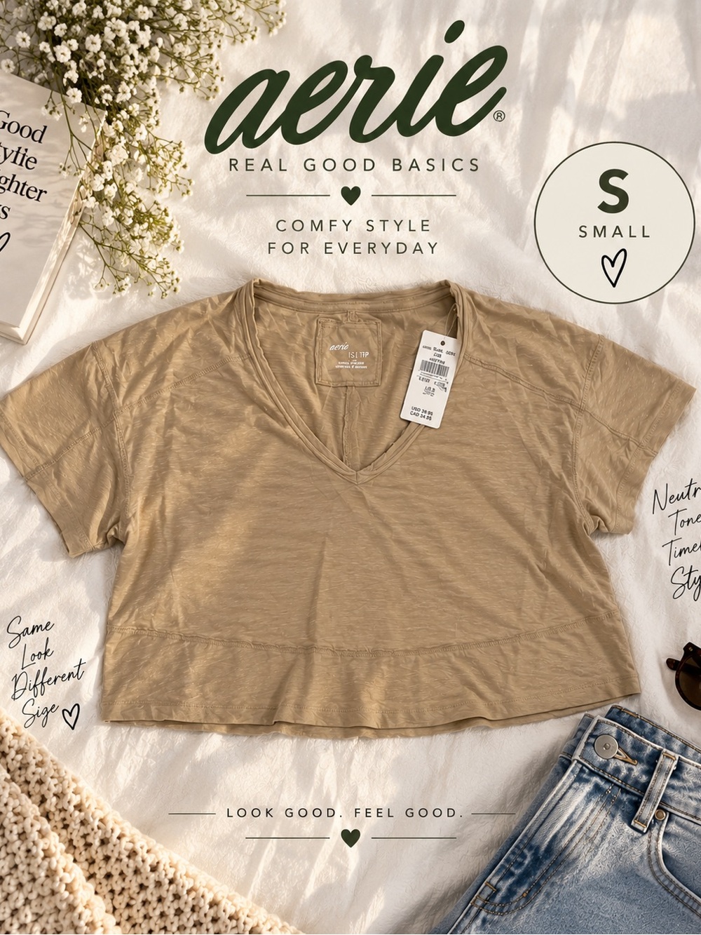aerie Small V-Neck Boxy Crop Top in Tan